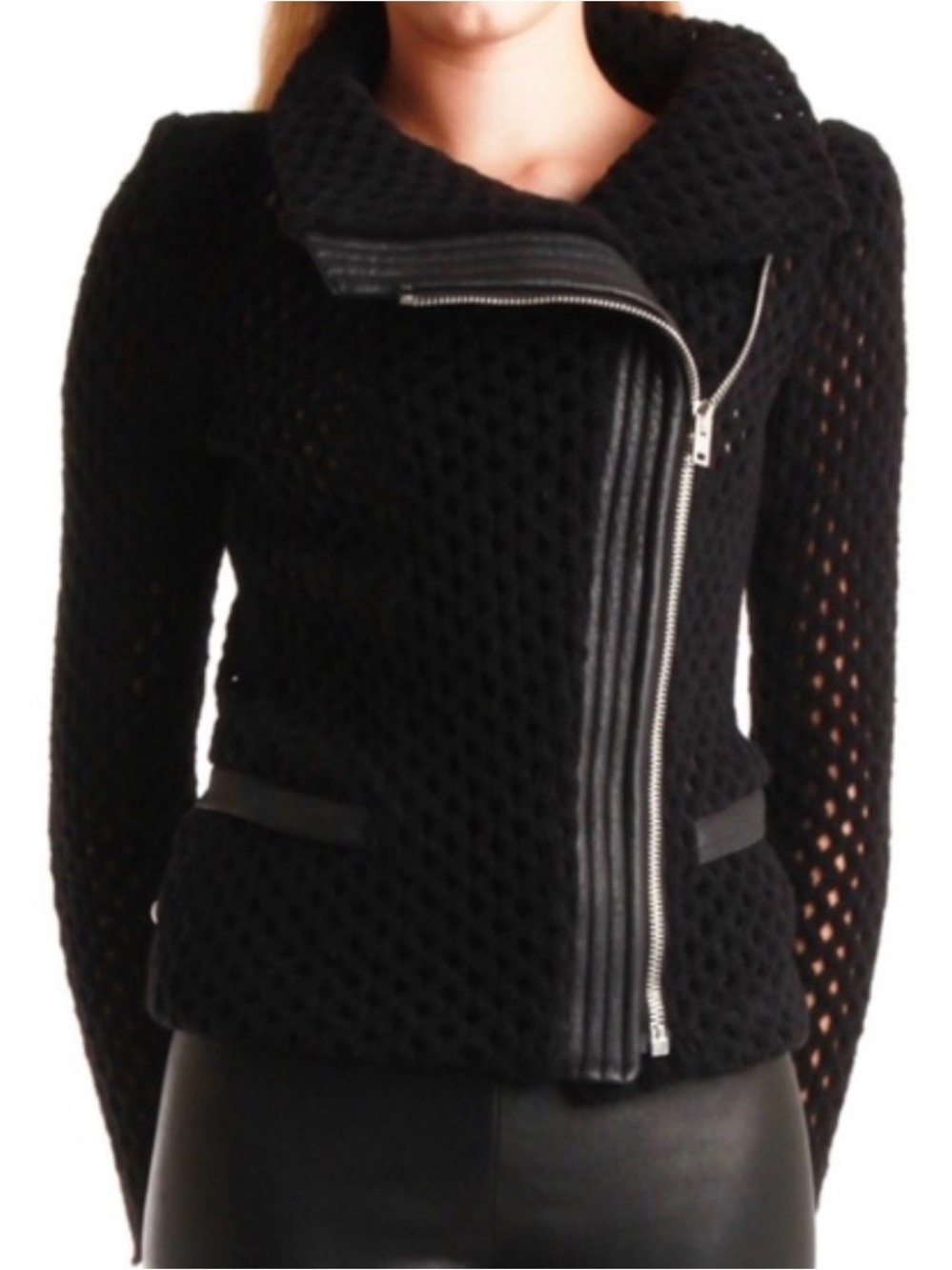 IRO Black Textured Open-Knit Zip-Front Jacket
